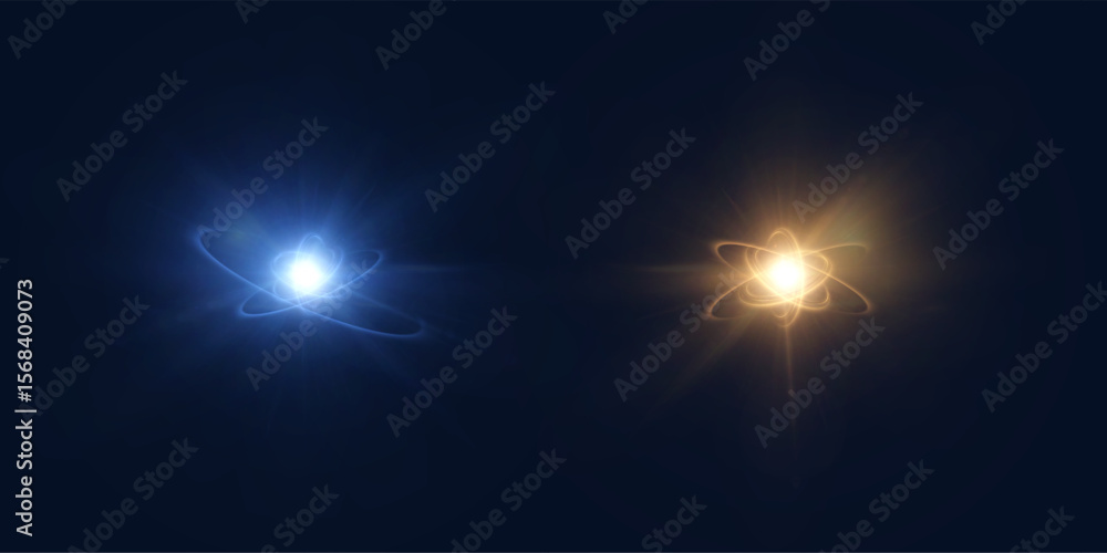 Poster Set of glowing atomic spheres with blue and golden energy orbits on dark background. Vector science visualization, quantum technology, or magical energy concept for interfaces and digital art.