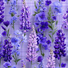 Seamless Pattern of Lavender and Purple Flowers on Sage Background