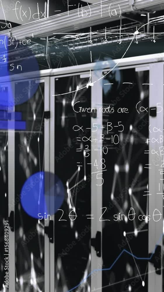 Poster animation of dots connected with lines, lens flare and infographic interface over server room