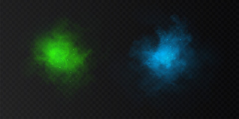 Blue and green Vector realistic clouds, smoke, steam, haze. Texture of colorful smoke on dark background. © Valeriia