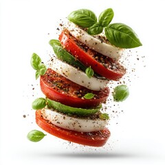 Falling slices of mozzarella, tomatoes, and basil isolated on white background ultra-detailed. Summer food or lifestyle concept