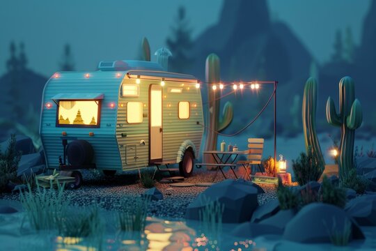 Cozy vintage caravan is parked by a river in a desert landscape, illuminated by string lights under a starry night sky - Powered by Adobe