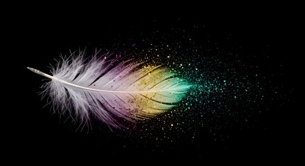 Ethereal Feather Explosion: A White Feather Dissolving into a Burst of Vibrant Colorful Particles Against a Black Backdrop, Dreamy, Abstract, Fantasy, Delicate, and Artistic Composition