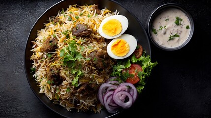 Pakistani mutton pulao boiled eggs raita and salad black plate top down dinner view