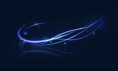 Bright blue glowing curved line with magical light effect. Glow effect for game interface design on black background.