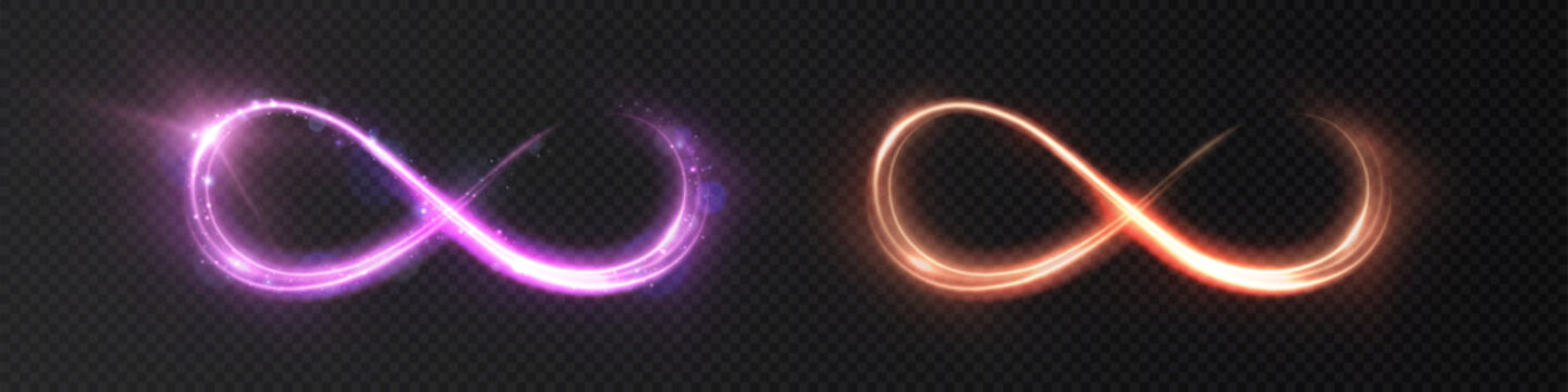 Bright glowing infinity symbol on dark background. Vector abstract elements for digital design, modern presentations, posters and interfaces.