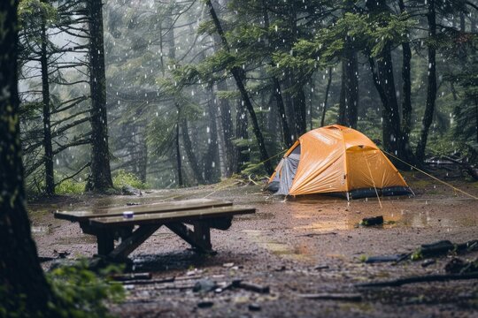 Heavy rain falling on a campsite with a picnic table and a bright yellow tent in a forest - Powered by Adobe