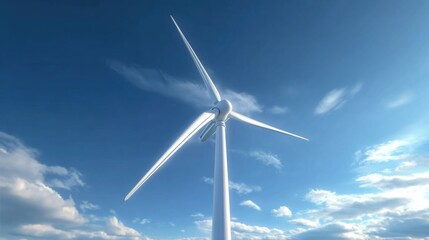 Fototapeta premium Wind turbine against a bright blue sky with fluffy clouds, showcasing renewable energy technology and sustainable practices in a clean environment, symbolizing innovation and progress
