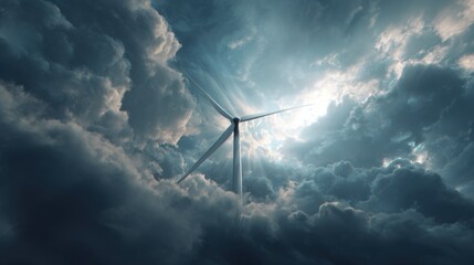 Wind turbine spinning under a dramatic cloudy sky with dynamic lighting