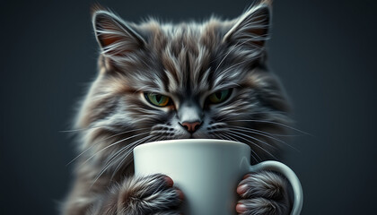 Photo of a serious grey tabby cat with green eyes holds a white mug with its paws