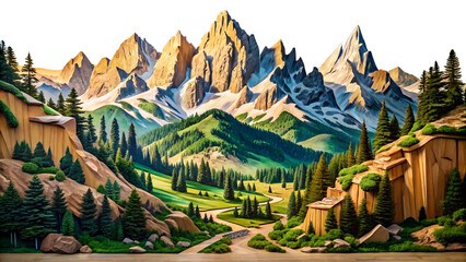 Scenic Mountain Landscape with Winding Road on Transparent Background beautiful