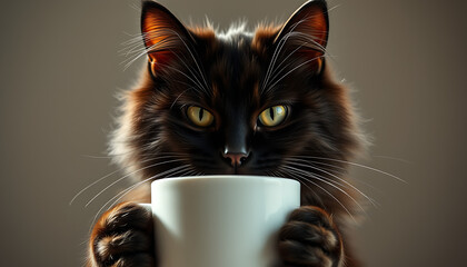 Photo of a serious black cat with yellow eyes holds a white mug with its paws