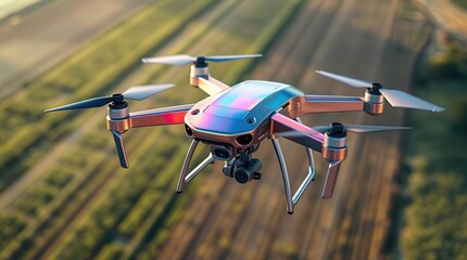 Iridescent drone hovers above farmland