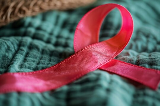 Pink ribbon lying on green textured fabric, representing the fight against breast cancer and raising awareness