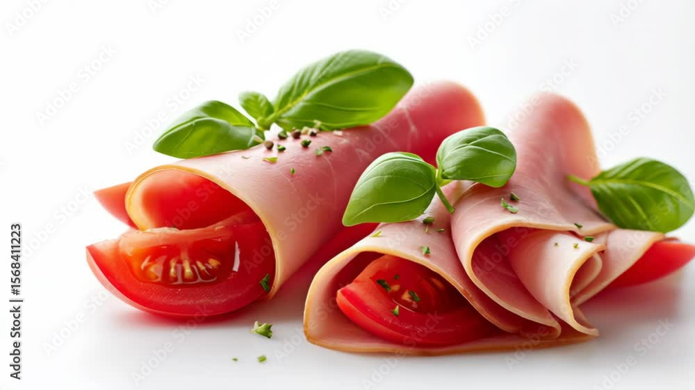 Poster piece of ham with a slice of tomato and some basil on top. the ham is cut into thin slices and arran