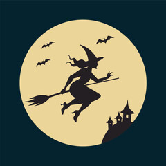 Halloween Witch Flying Across Full Moon Silhouette