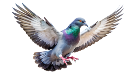 A pigeon flying with wings spread isolated on transparent background