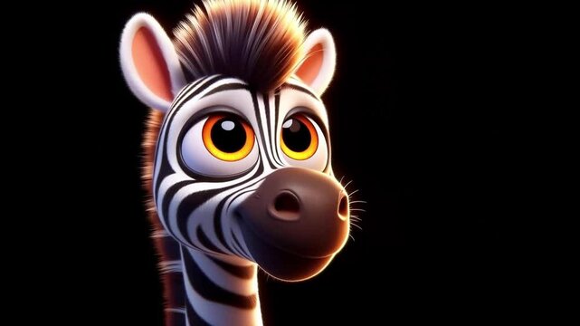 Funny lovely zebra cartoon, cute animation on black background
