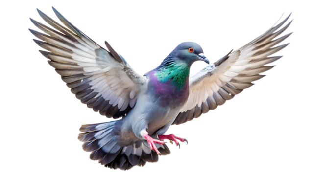 A pigeon flying with wings spread isolated on transparent background - Powered by Adobe