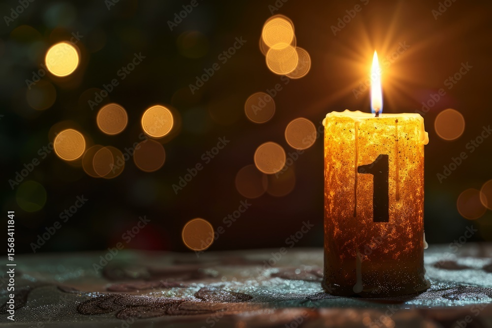 Poster first advent candle burning, creating a warm and festive atmosphere with christmas lights twinkling 