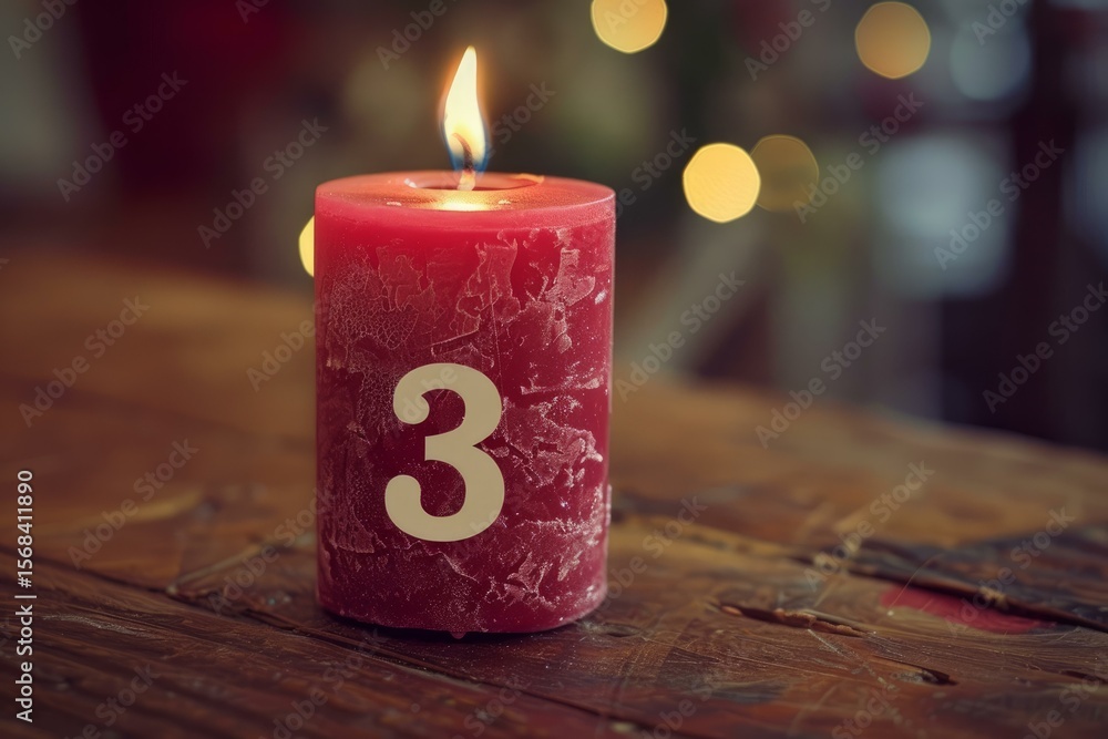 Poster red candle with number three burning on wooden table with bokeh lights in background, celebrating th