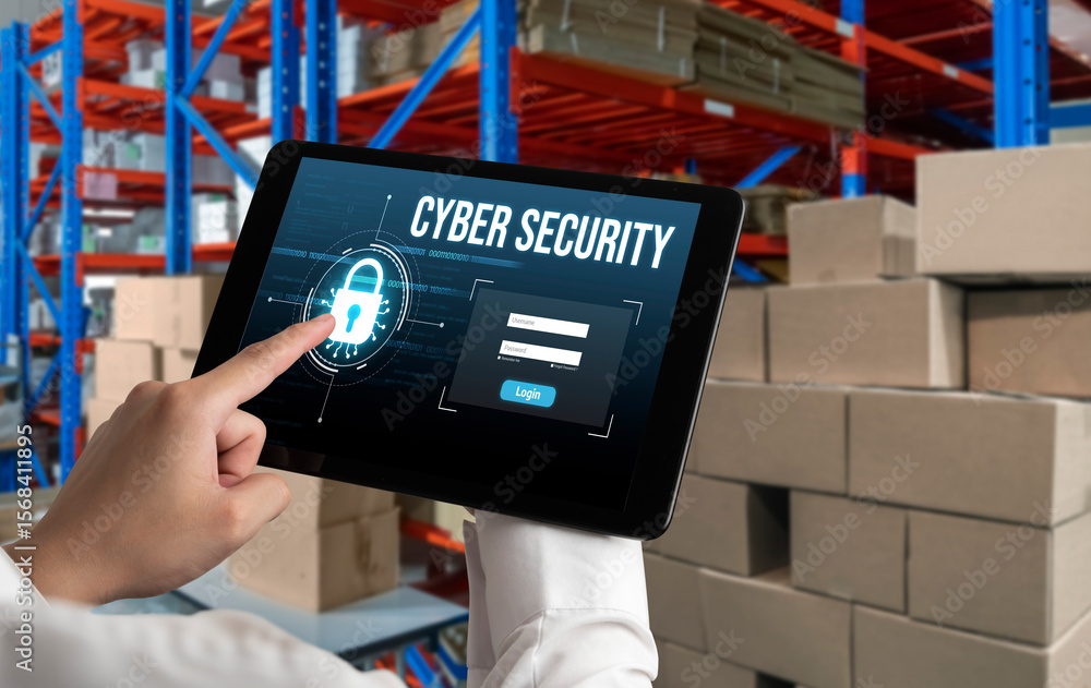 Poster cyber security system on computer screen protect private information snugly from hacker and cyber at