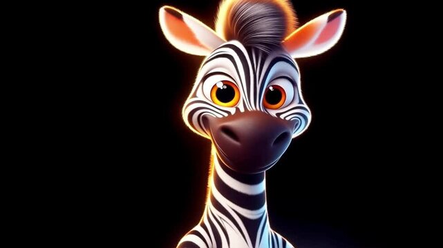 Funny lovely zebra cartoon, cute animation on black background