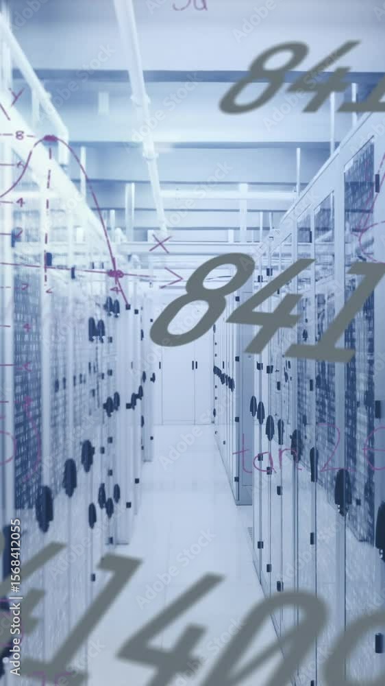 Poster animation of mathematical equations and data processing over server room