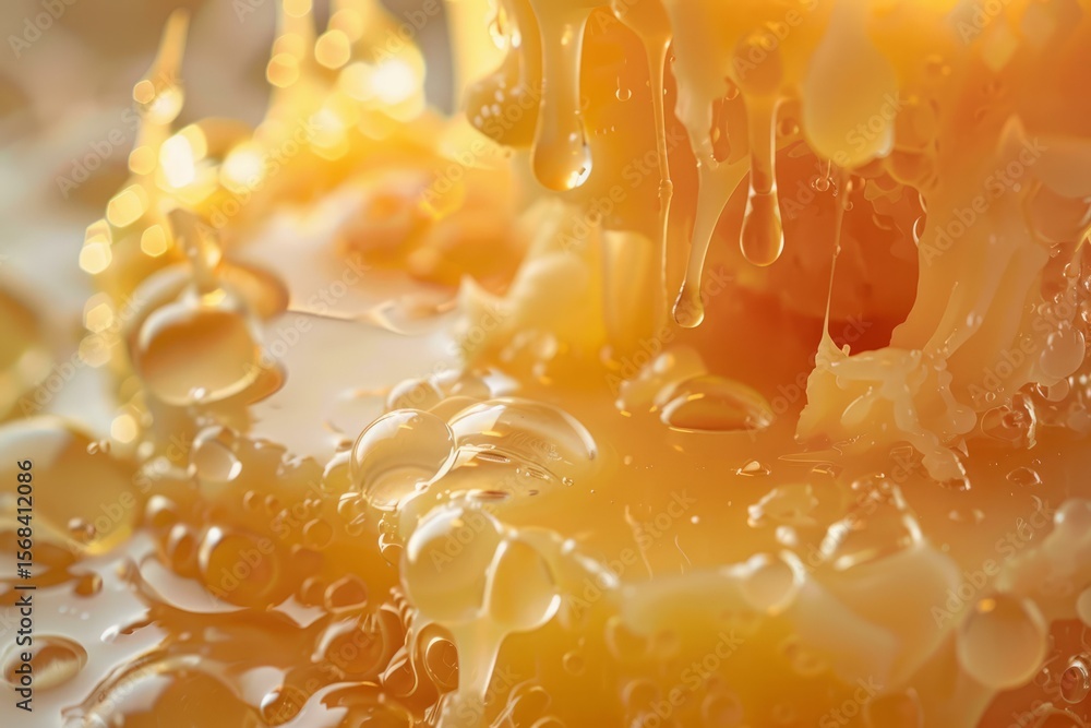 Poster honey dripping and flowing, creating a viscous texture with bubbles and reflections
