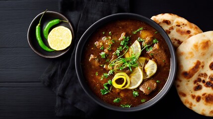 Pakistani nihari sliced ginger green chili and lemon wedges served with naan on black background top down view