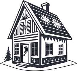 Charming Black and White Illustration of a Cozy Cottage House