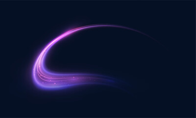 A curved neon light trail with glowing purple and pink highlights. Suitable for motion effects, futuristic energy visuals or dynamic swirl overlays.