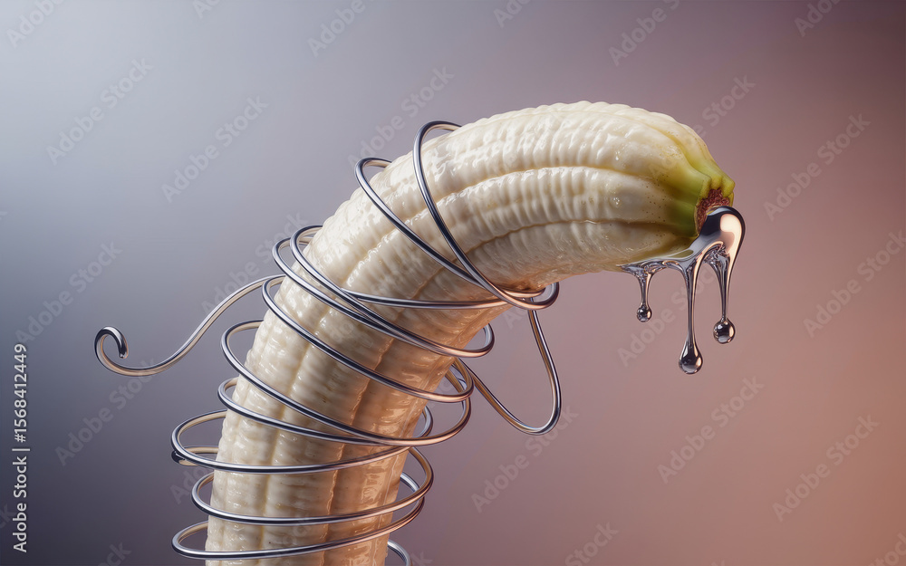 Poster surreal banana wrapped in metallic spiral with dripping water in soft gradient background