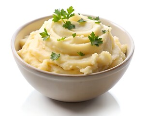 Mashed potatoes with parsley garnish in a bowl isolated on white background