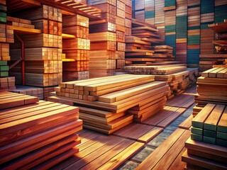 Obraz premium Stacked Lumber, Woodworking Industry, Timber Construction, Wood Harvesting Shop, Portrait Photography