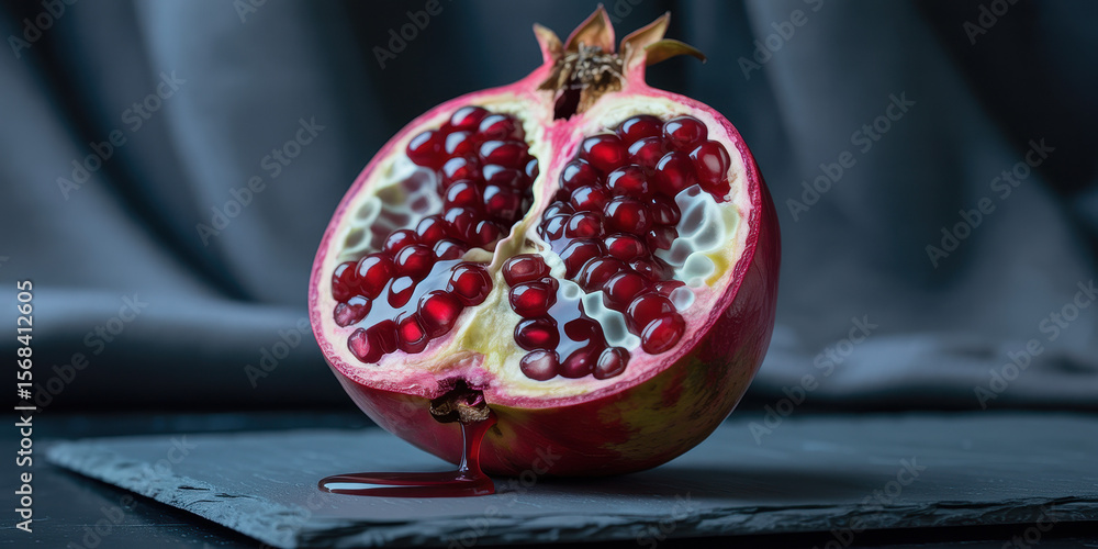Poster juicy pomegranate halved with glimmering ruby seeds dripping on slate surface in soft shadowed light