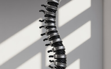 Futuristic Metallic Spinal Structure with Dynamic Black Cables Under Soft Natural Light