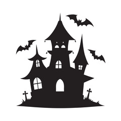Haunted House With Flying Bats Silhouette Illustration