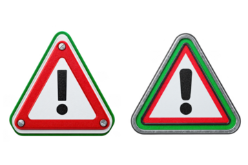 Two triangular warning signs with exclamation marks and italian flag colors isolated on transparent background