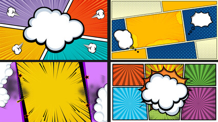 Abstract comic pop art background bundle design with cartoon superhero boom splash, colorful explosion bubble bang pow effects. Halftone radial burst lines, funky playful design for trendy posters.  © sawrav97