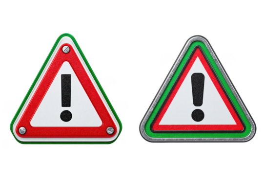 Two triangular warning signs with exclamation marks and italian flag colors isolated on transparent background