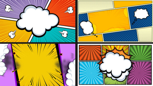Abstract comic pop art background bundle design with cartoon superhero boom splash, colorful explosion bubble bang pow effects. Halftone radial burst lines, funky playful design for trendy posters. 
