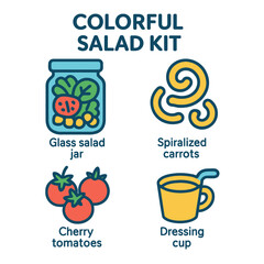 Colorful salad kit illustration depicting ingredients, including jar, carrots, tomatoes, and dressing.