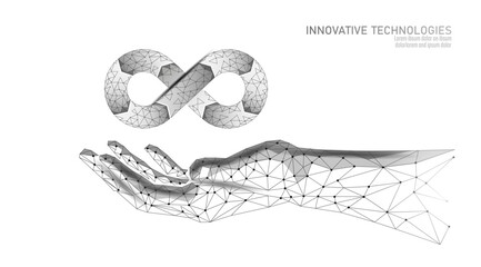 Infinity loop above hand concept. Low poly perpetual cycle digital innovation. Business technology science development progress. White background polygonal vector