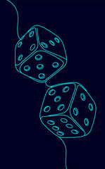 Two dice one line drawing. Continuous line cubes chance risk gambling art. Casino games luck probability fun. Minimalist style dark blue background vector