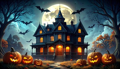 Spooky haunted house under full moon with carved pumpkins and bats