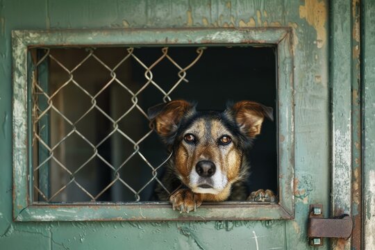 Mixed breed dog is peering out from behind a rusty chain link fence in an animal shelter, waiting to be adopted