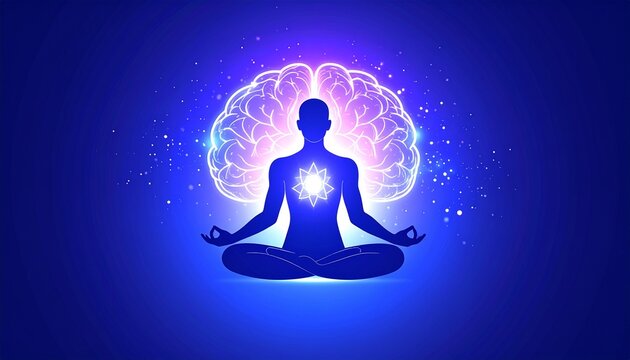 Person meditating inside a glowing nature shaped brain