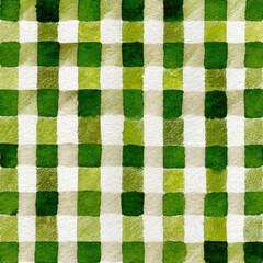 Seamless Pastel Green Check Pattern with Squares and Watercolor Texture