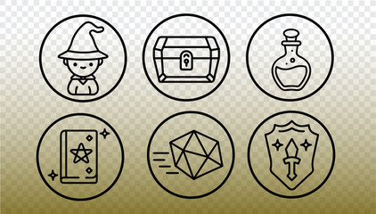 RPG board game icons. Fantasy adventure elements in linear style. Game design app development print. Line art transparent background vector